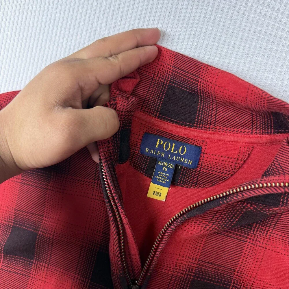 Polo Ralph Lauren Sweatshirt Boys 18-20 Red Plaid 1/4 Zip Pullover Mock Neck